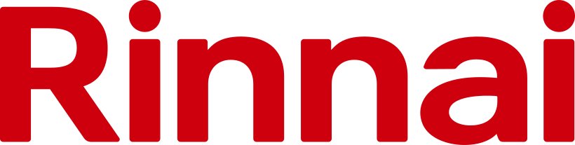 Red Rinnai logo with bold lowercase letters on a white background