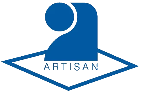 Logo Blue Artisan avec une figure stylisée au-dessus du mot « ARTISAN » à l'intérieur d'un losange.