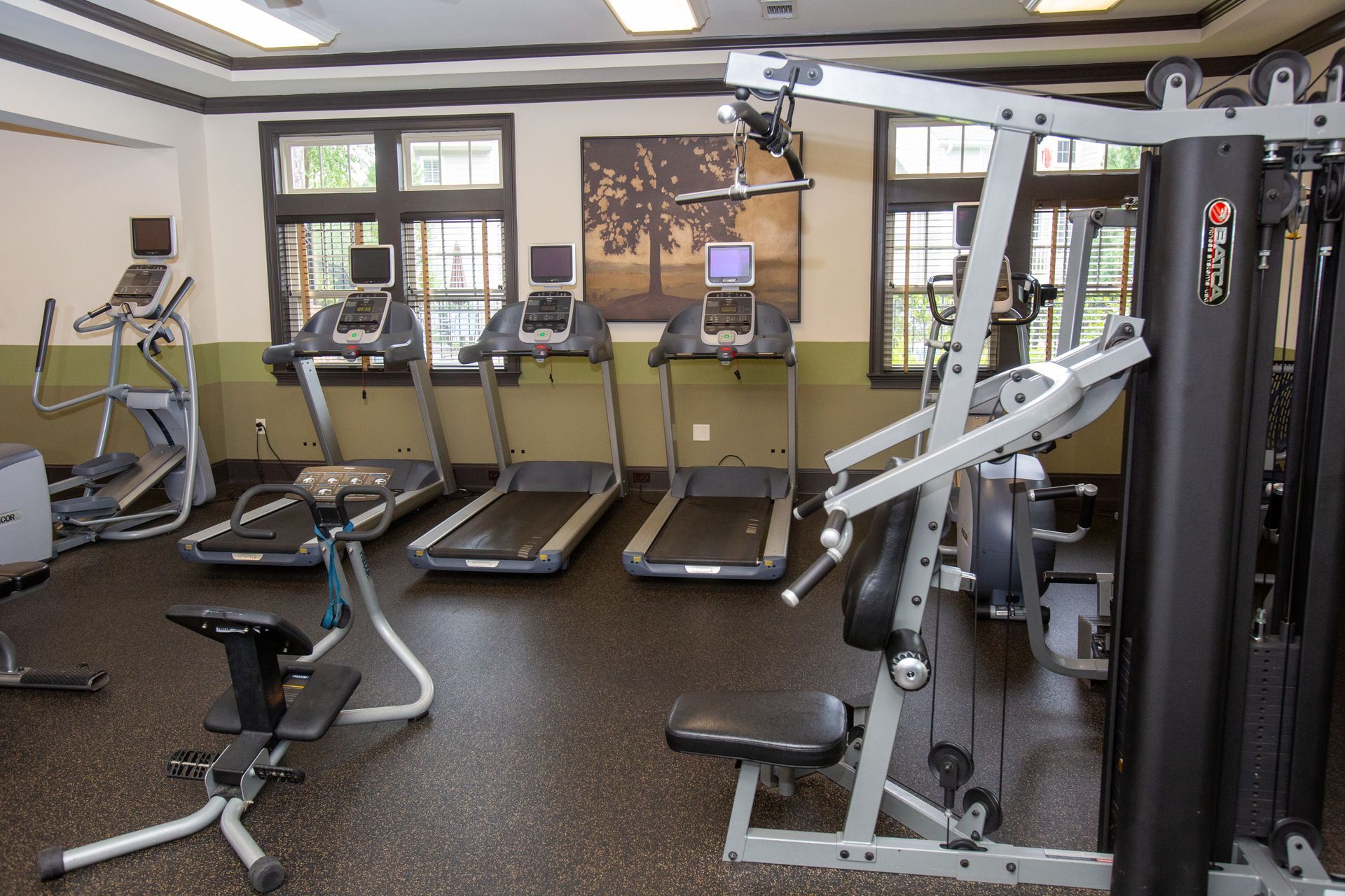 A gym with treadmills ellipticals and other equipment