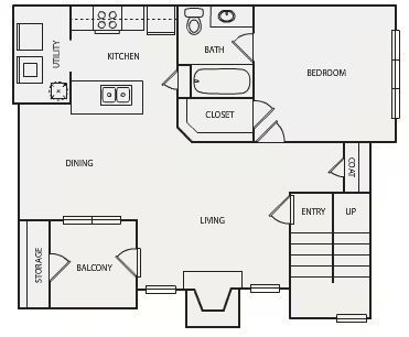 Floor plan of a one-bedroom apartment with kitchen, bath, dining, living, balcony, and entry.