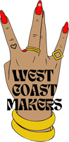A hand making a "W" gesture with red-painted nails, rings, and bracelets, overlaid with the text "WEST COAST MAKERS."