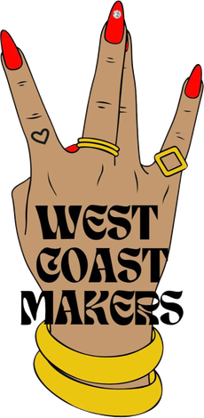 A hand making a "W" gesture with red-painted nails, rings, and bracelets, overlaid with the text "WEST COAST MAKERS."