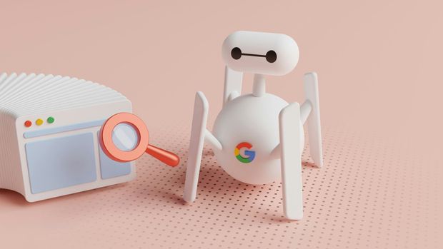 A white robot with G logo using a magnifying glass on a router against a pink backdrop.