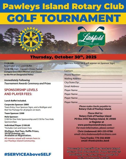 A poster for the pawleys island rotary club golf tournament