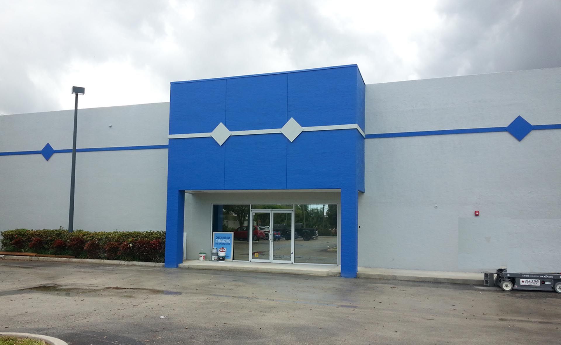 A blue and white building