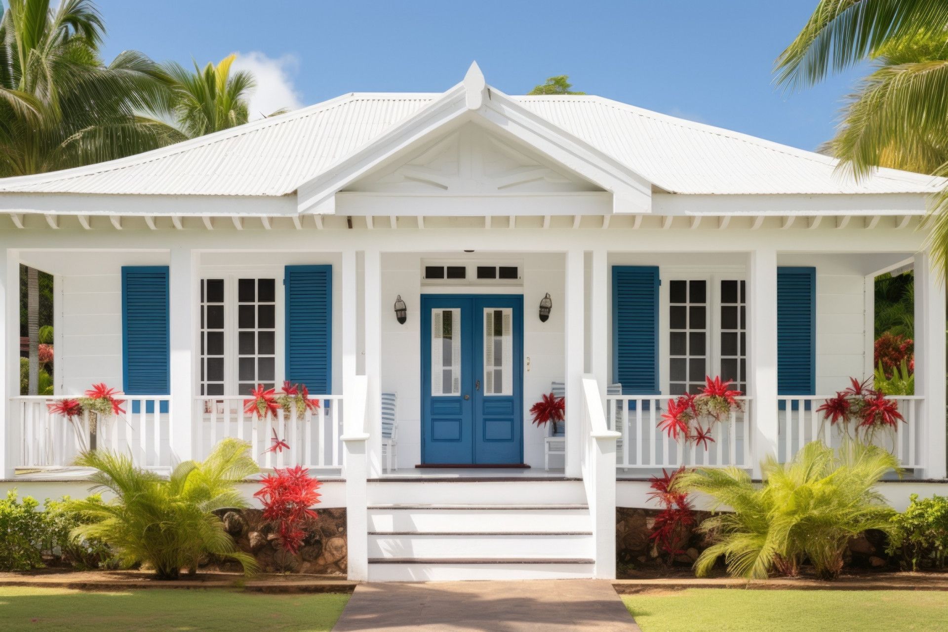 A white house with blue shutters and a blue door