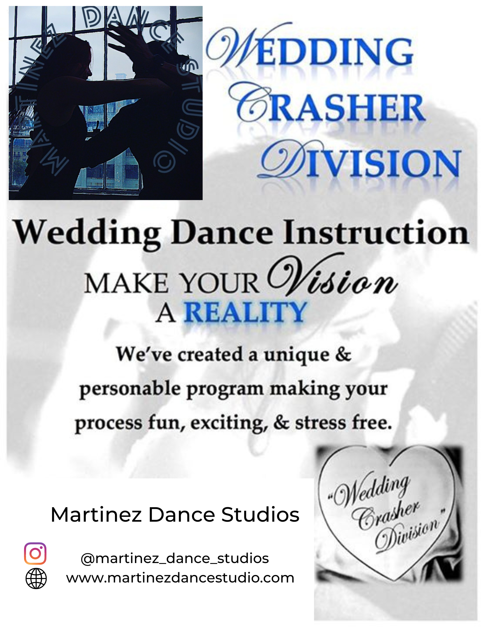A wedding dance instruction poster that says wedding crasher division make your vision a reality.