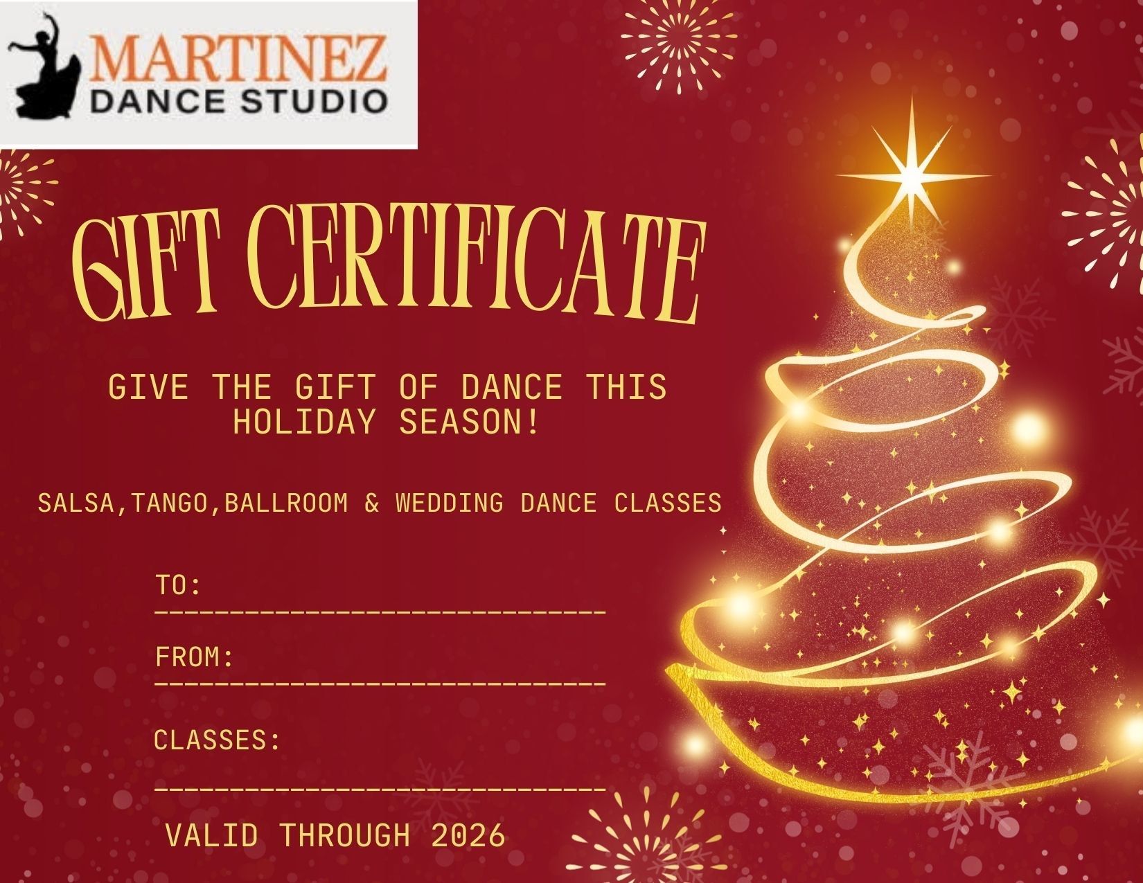 Gift certificate for Martinez Dance Studio with holiday theme; red background, gold tree outline, valid until Jan 5th, 2026.
