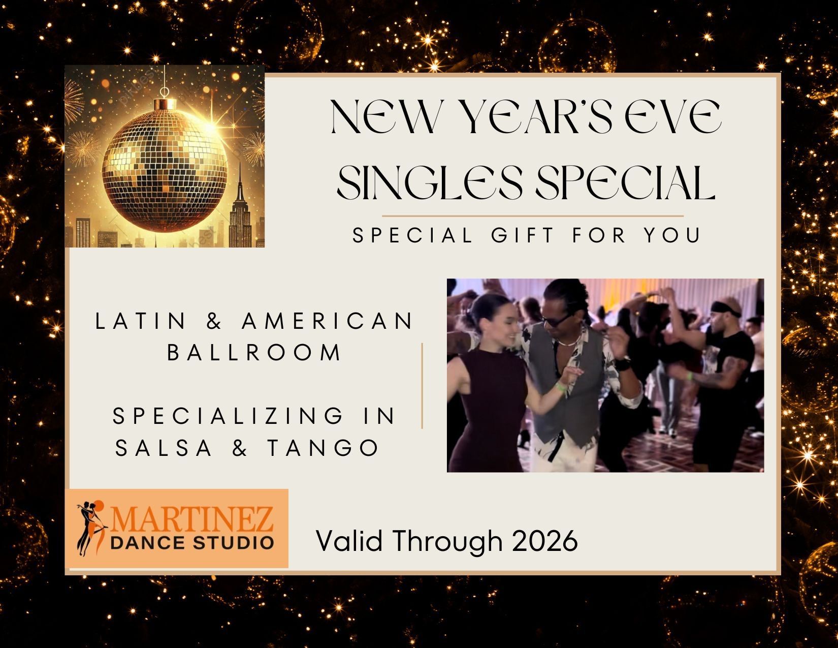 Gift certificate for Martinez Dance Studio with holiday theme; red background, gold tree outline, valid until Jan 5th, 2026.