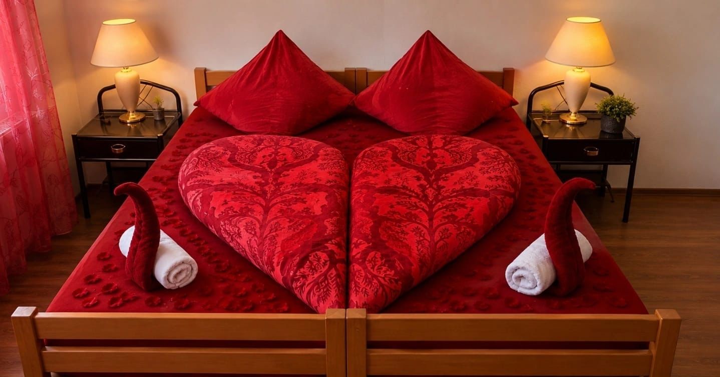 Rote, herzförmige Bettwäsche auf einem Holzbett, flankiert von Nachttischlampen auf passenden Nachttischen.