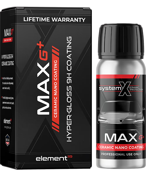 Box and bottle of System X Max G+ ceramic nano coating. Black, red, and silver packaging.