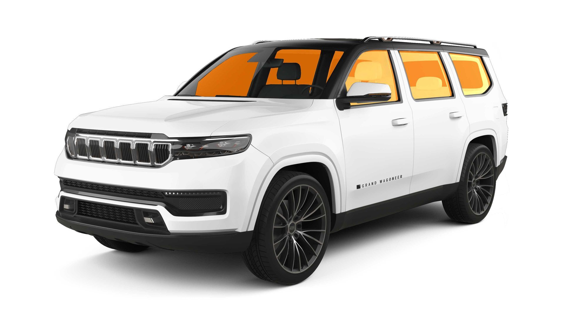 White Jeep Wagoneer SUV with yellow-tinted windows, black wheels, and chrome accents.