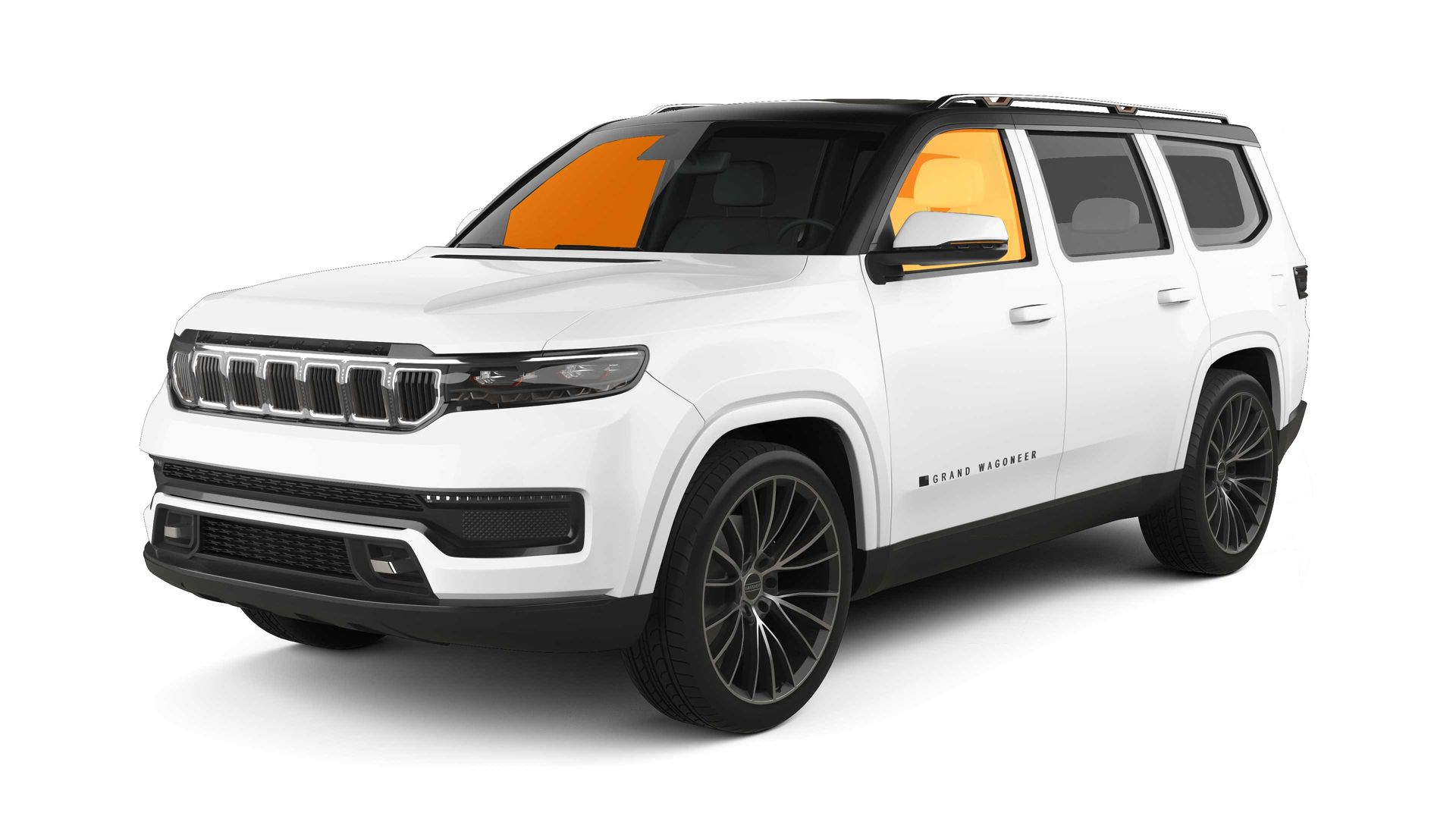 White Jeep Grand Wagoneer SUV with black wheels and a yellow-tinted windshield.