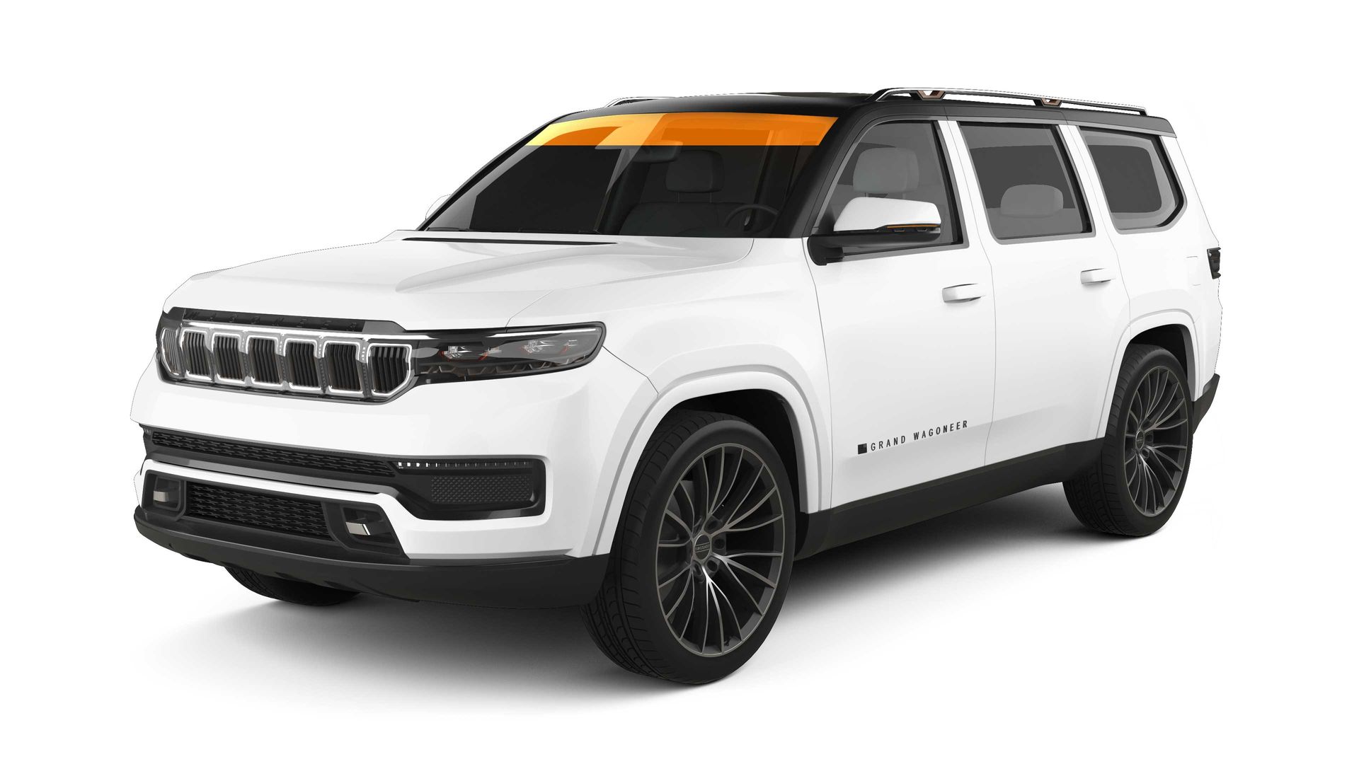 White Jeep Wagoneer SUV, front view, parked. Black grill and wheels.