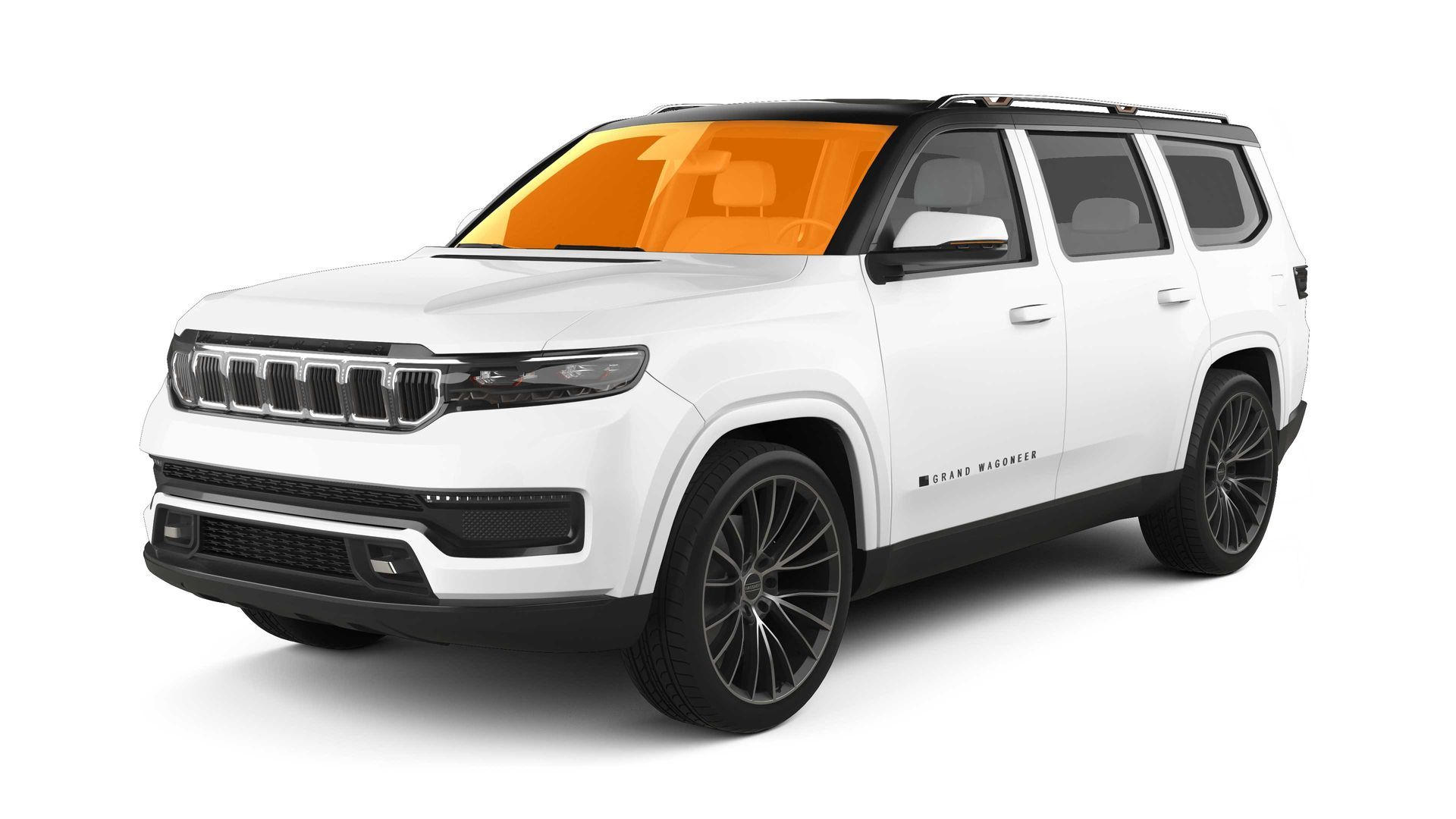 White Jeep Wagoneer SUV with dark tinted windows, parked in front of a neutral background.