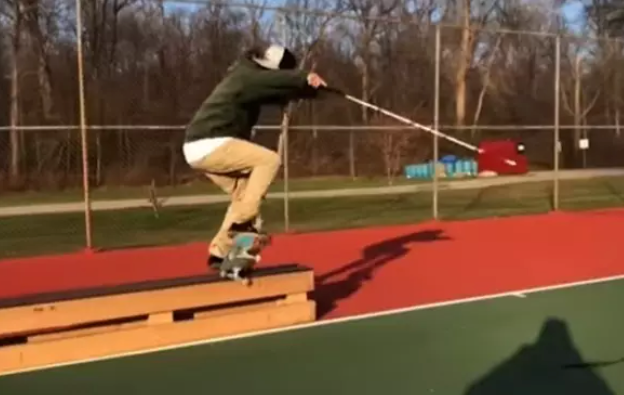 Dan Mancina does a krooked nose grind on a box.