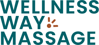 The logo for wellness way massage is blue and red.