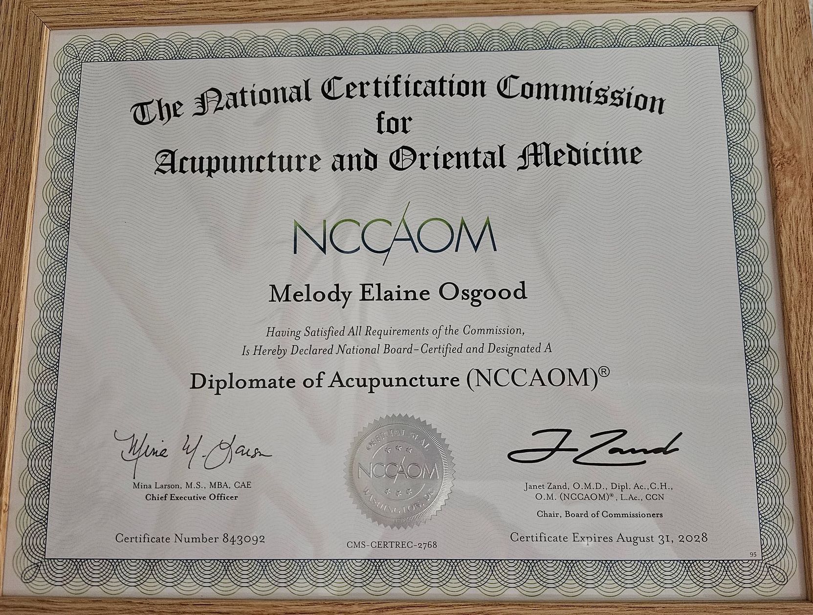 Certificate from the National Certification Commission for Acupuncture and Oriental Medicine, framed.