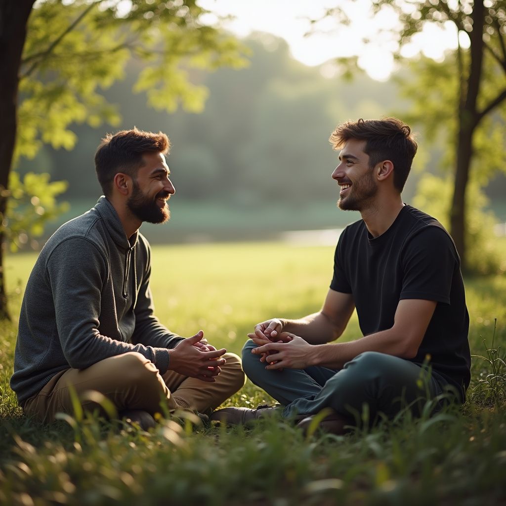 Two men sitting outside, smiling and talking with one another for Masculine Embodiment Coaching