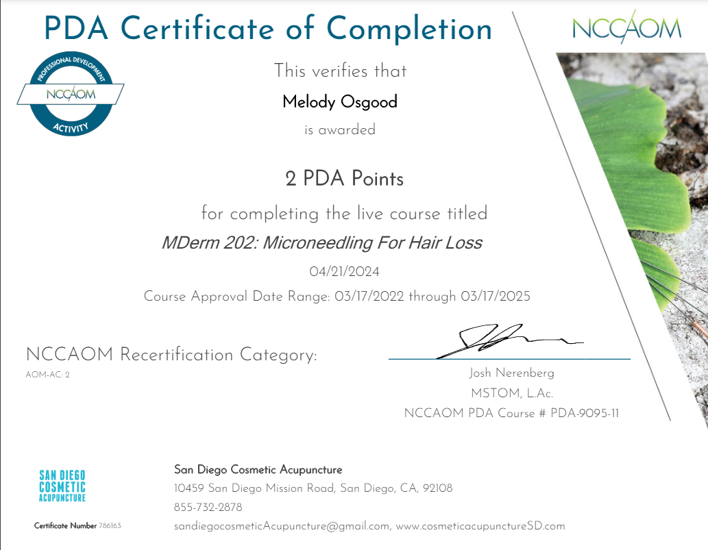Certificate of completion for Melody Osgood, 2 PDA points, course: MDam 202, signed by Joe Greenwell.