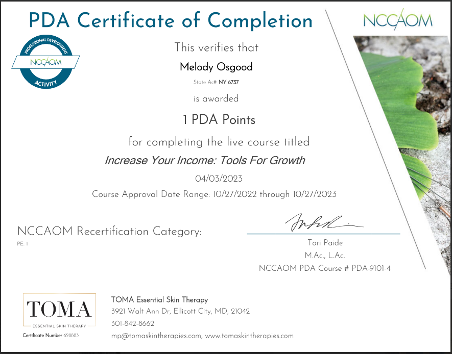Certificate of completion for Melody Osgood, including PDA points for 