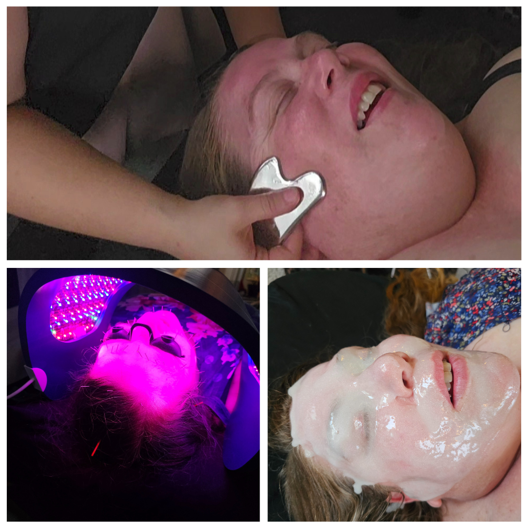 Collage of a woman's face during a spa treatment: gua sha massage, LED light therapy, and a face mask.