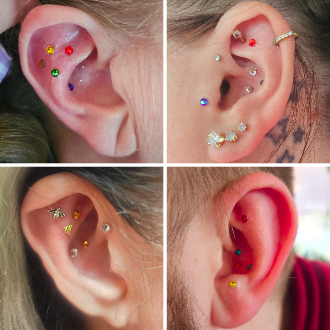 Four close-up ear seed protocols. Each ear has multiple crystal ear seeds of different colors, and styles.