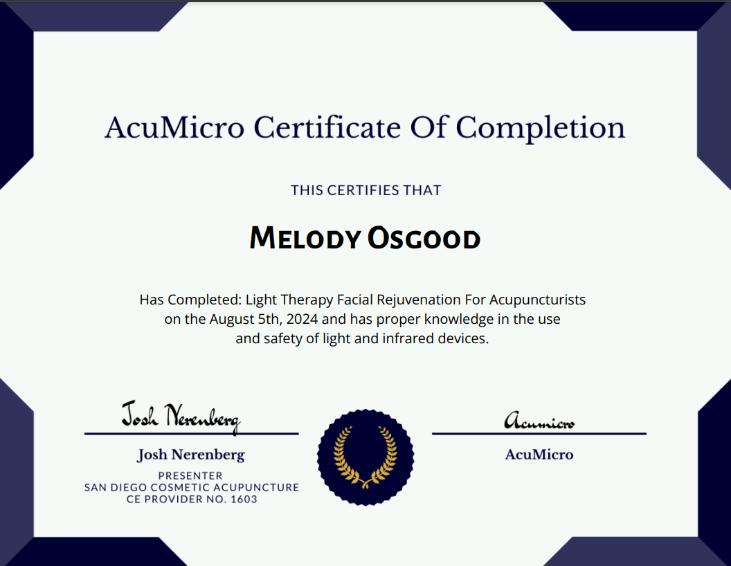 Certificate of completion from AcuMicro for Melody Osgood, signed by Josh Norenberg. Blue and gold colors.