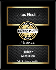 Lotus Electric award plaque for Best of BusinessRate 2025 in Duluth, Minnesota.