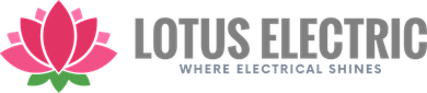 Lotus Electric logo: pink lotus flower, gray text. "Where electrical shines."