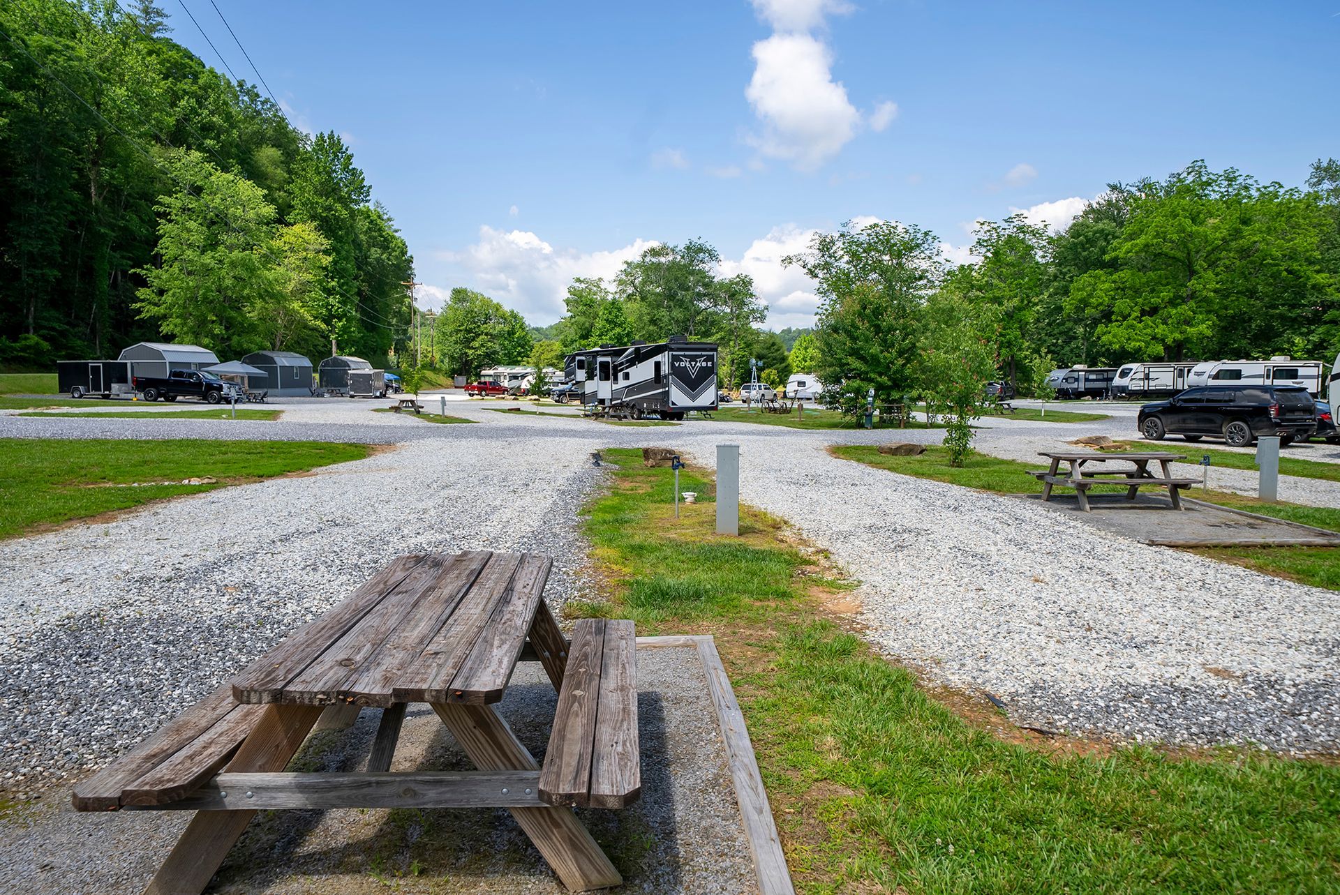 RV campground with gravel sites, picnic tables, and trees under a blue sky. Several RVs are parked at sites.
