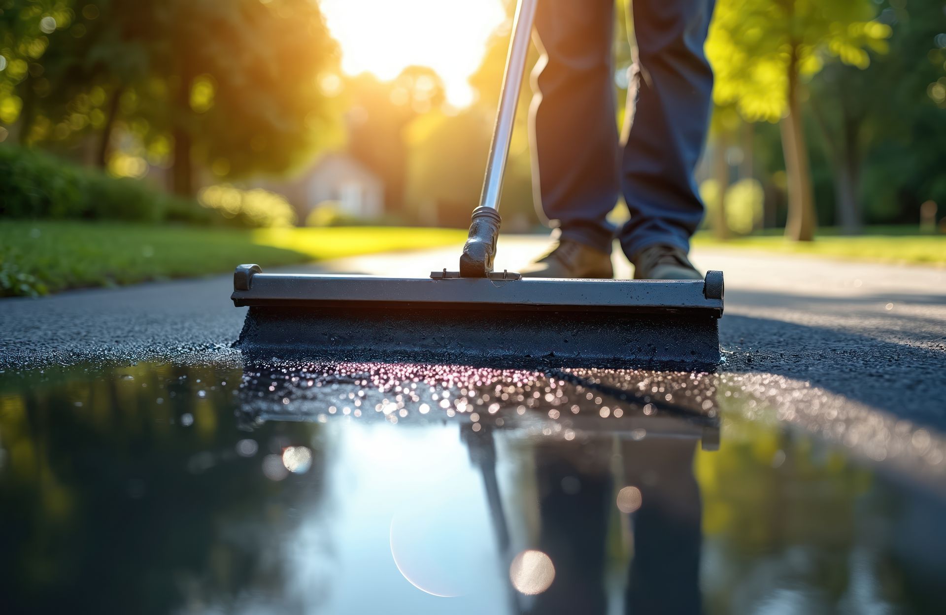 A worker uses a squeegee to apply sealer on a driveway, offering expert sealcoating services.