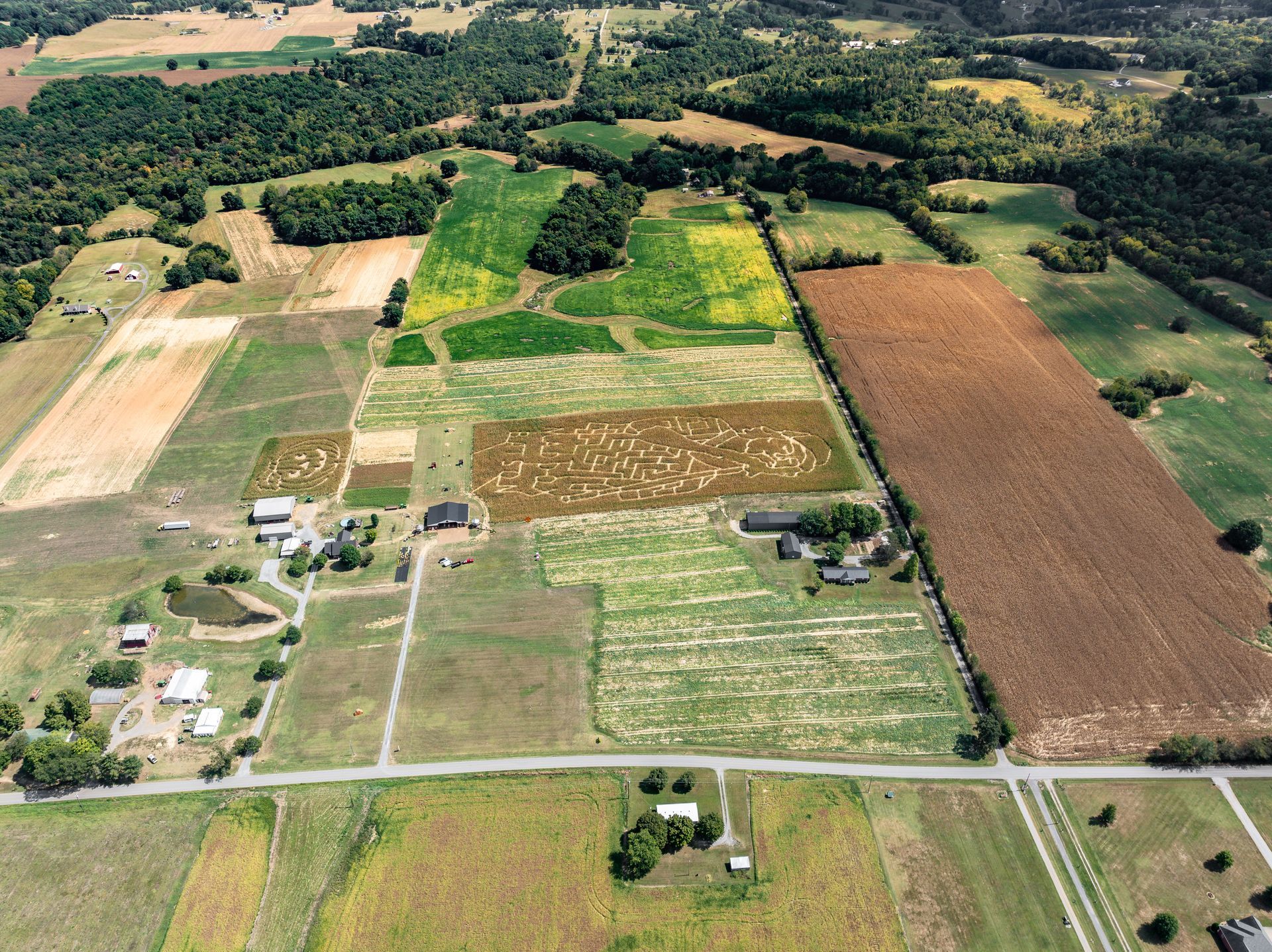 An aerial view of a farm with lots of fields