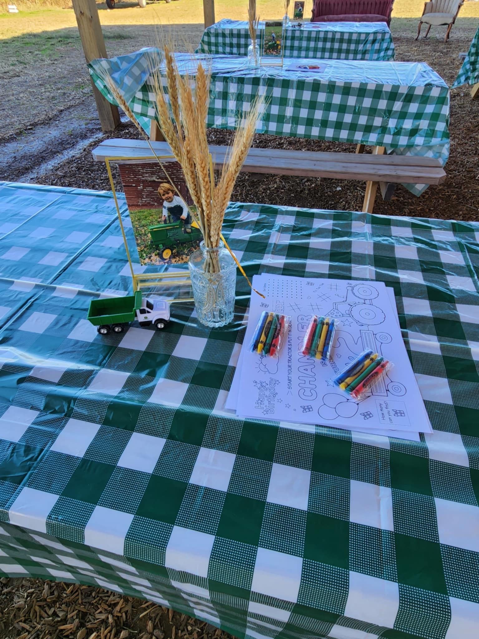 A table with a green and white checkered tablecloth and a vase of wheat on it.