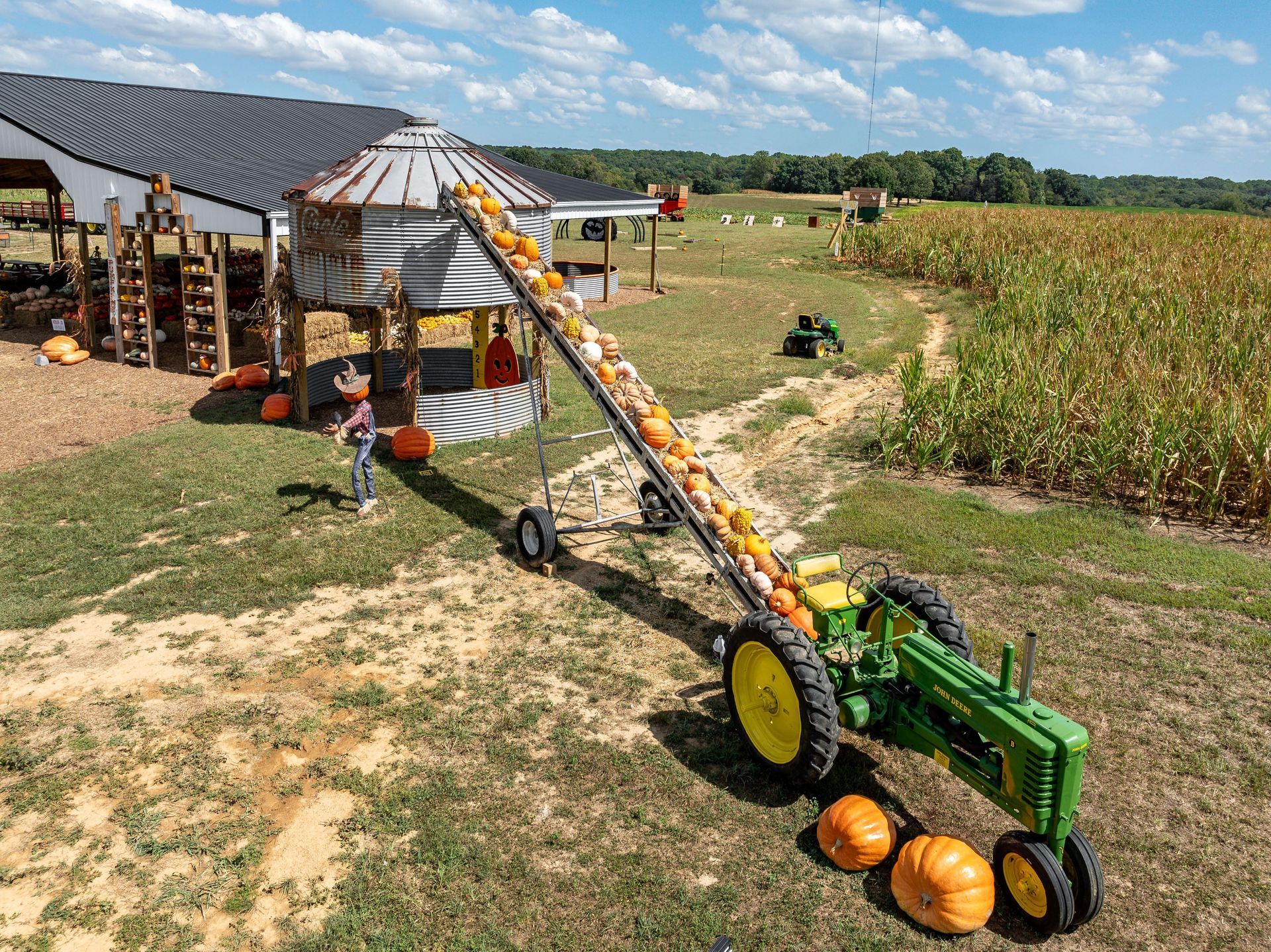 A green tractor is pulling a conveyor belt full of pumpkins.