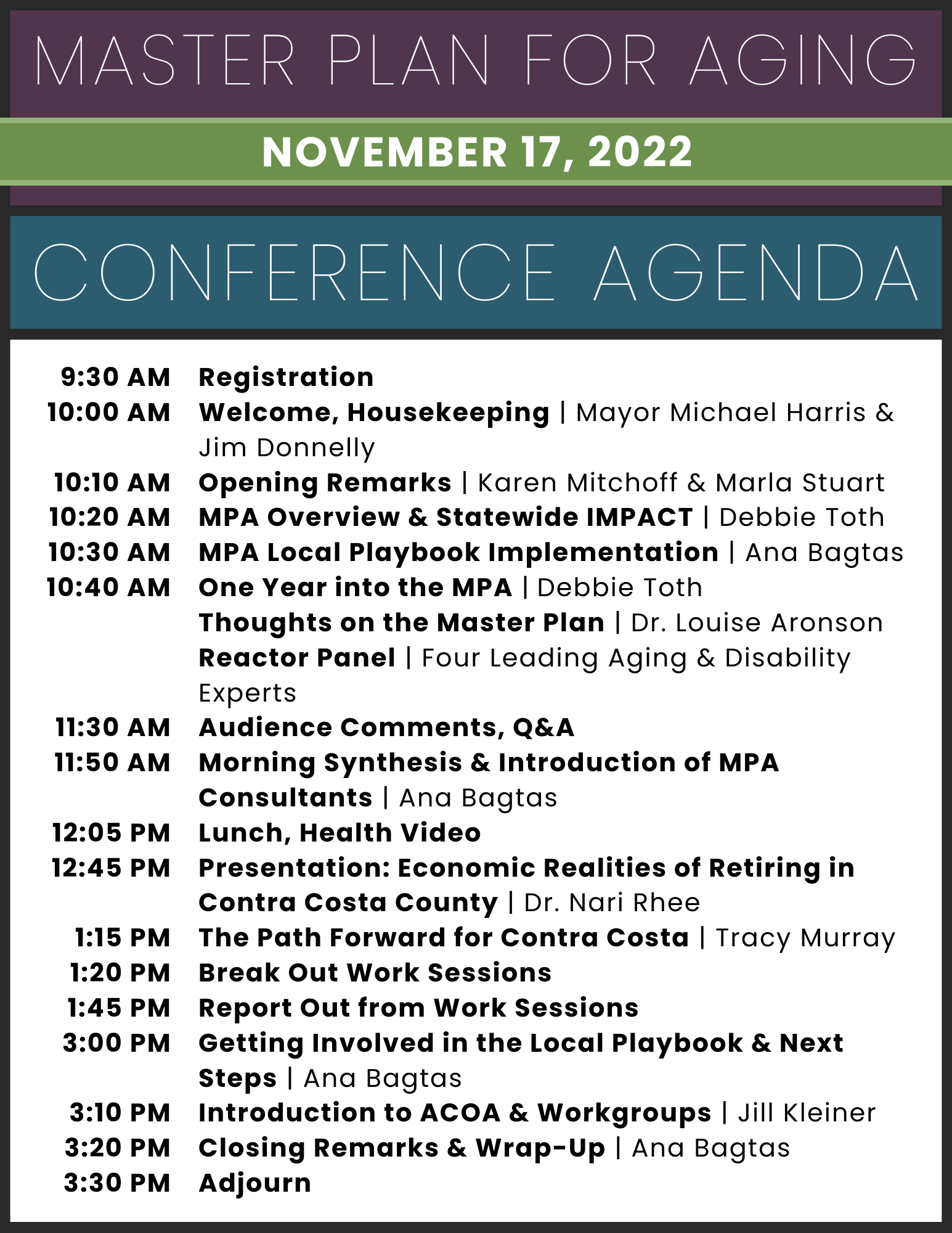 Image of the Master Plan for Aging Conference Agenda on November 17, 2022.