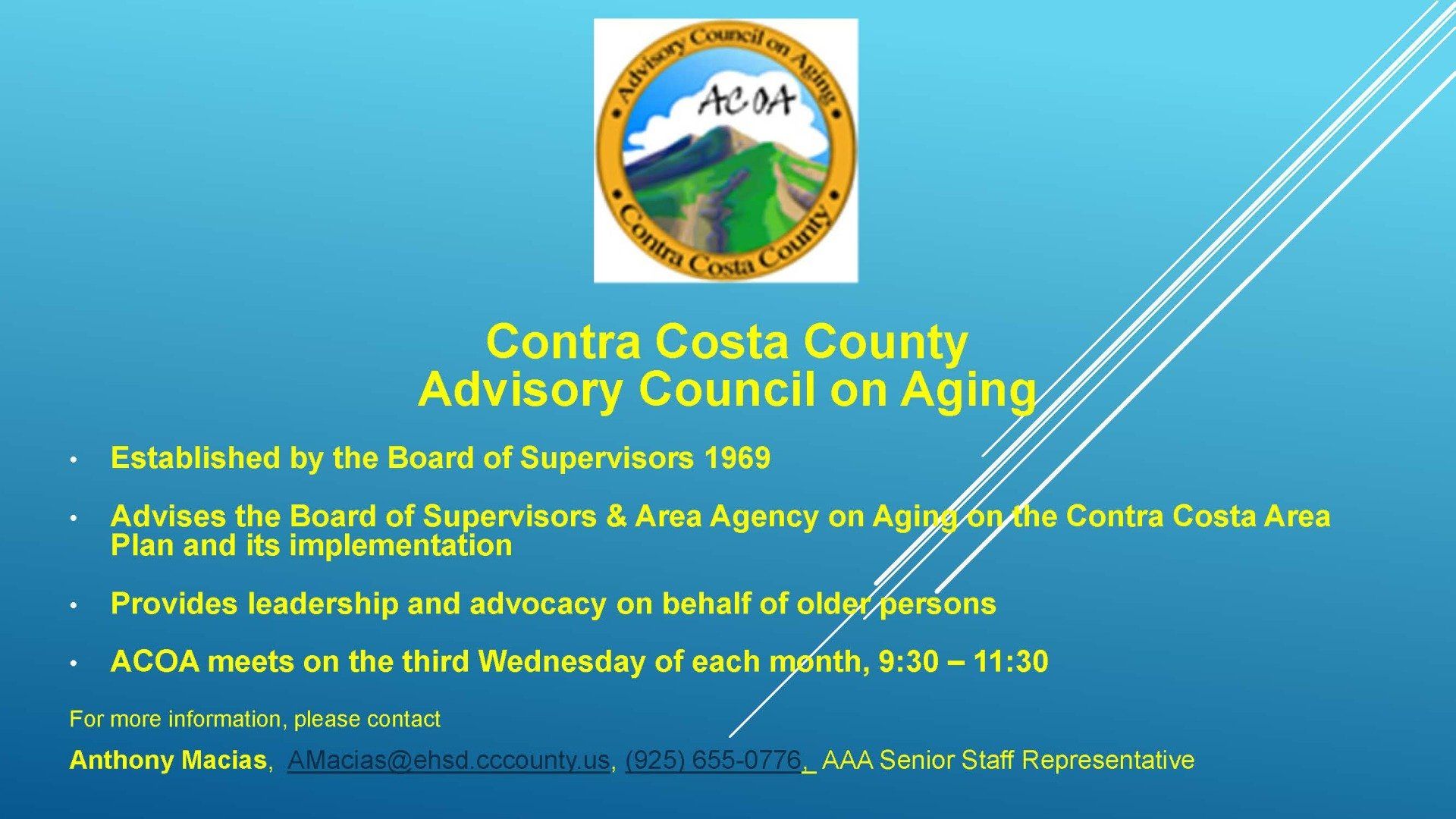 Slide 1 of the Contra Costa County Advisory Council on Aging's Presentation