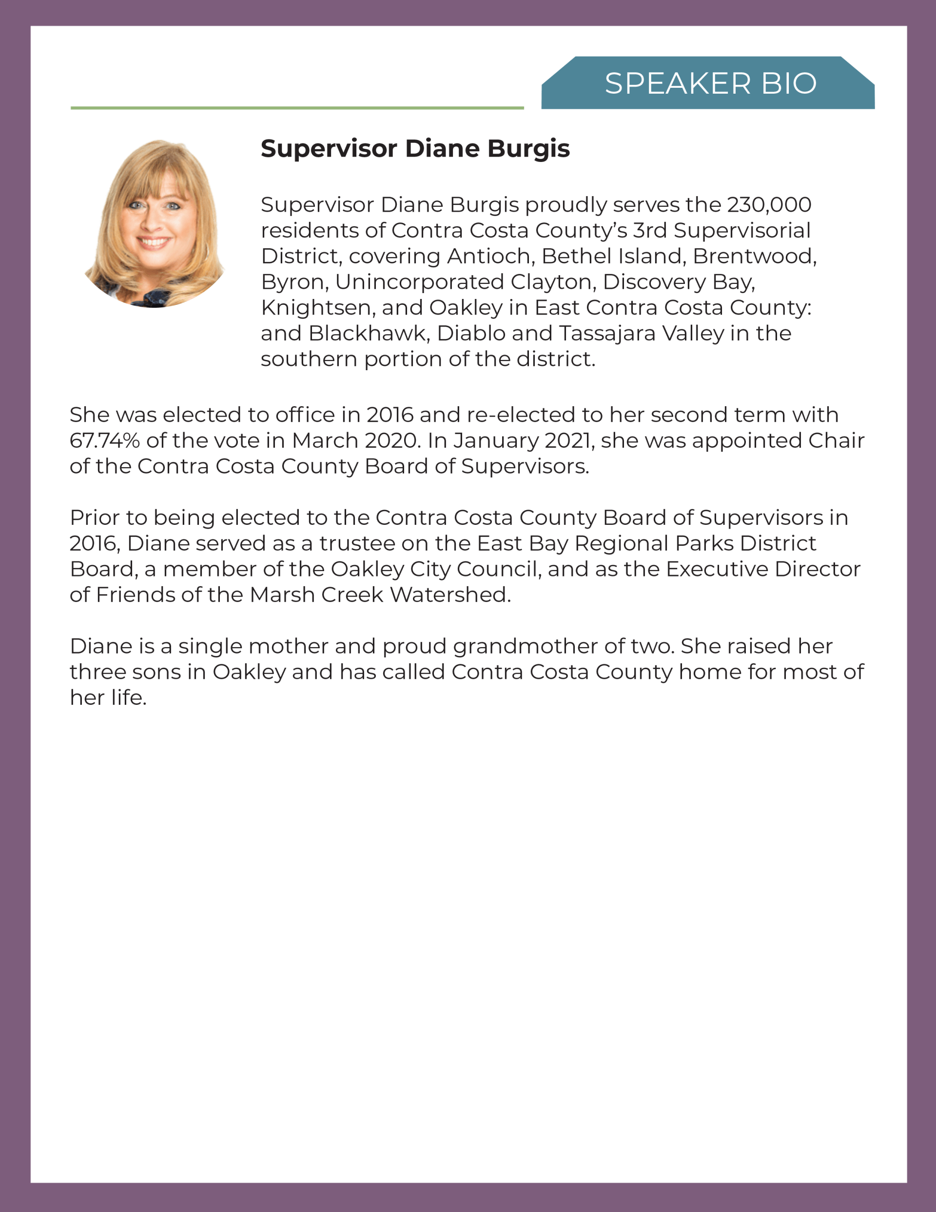 Biography of Supervisor Diane Burgis