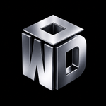 Silver 3D metallic “WD” logo on a black background