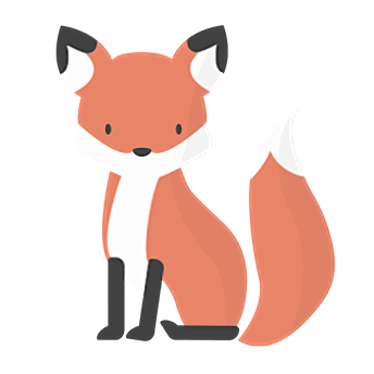 A cartoon fox is sitting down on a white background.