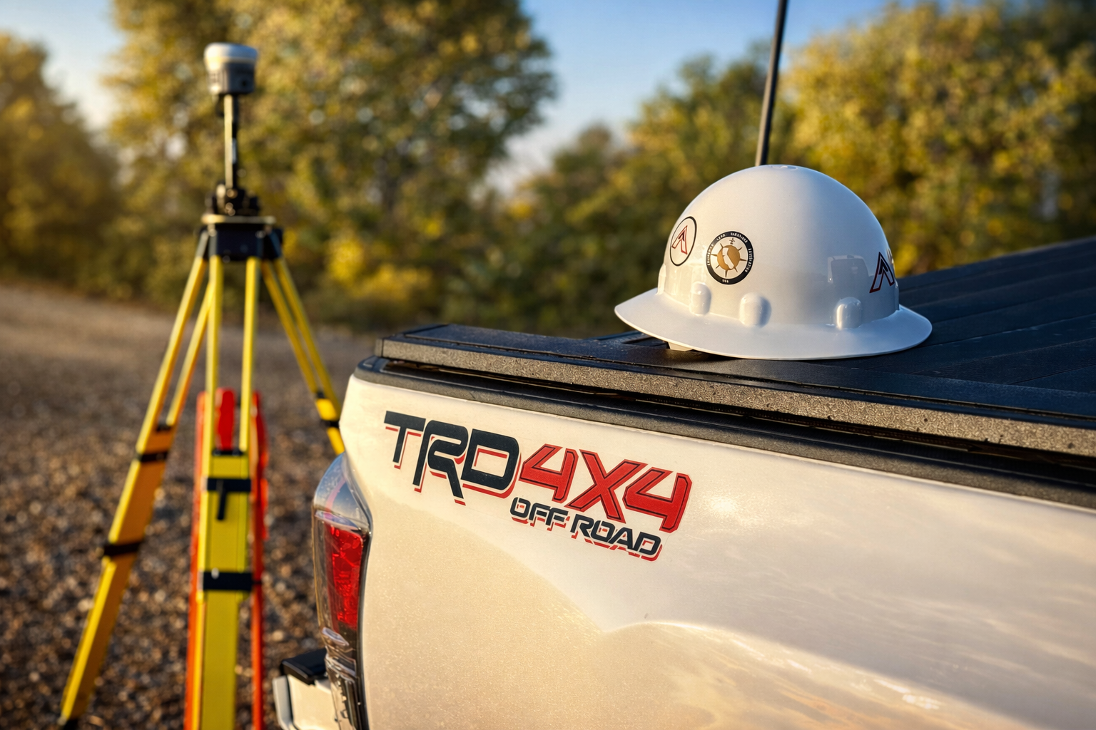 White truck bed with hard hat, surveying equipment, and vehicles. 