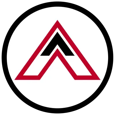 Red and black stylized "A" in a white circle, framed by a black circle.