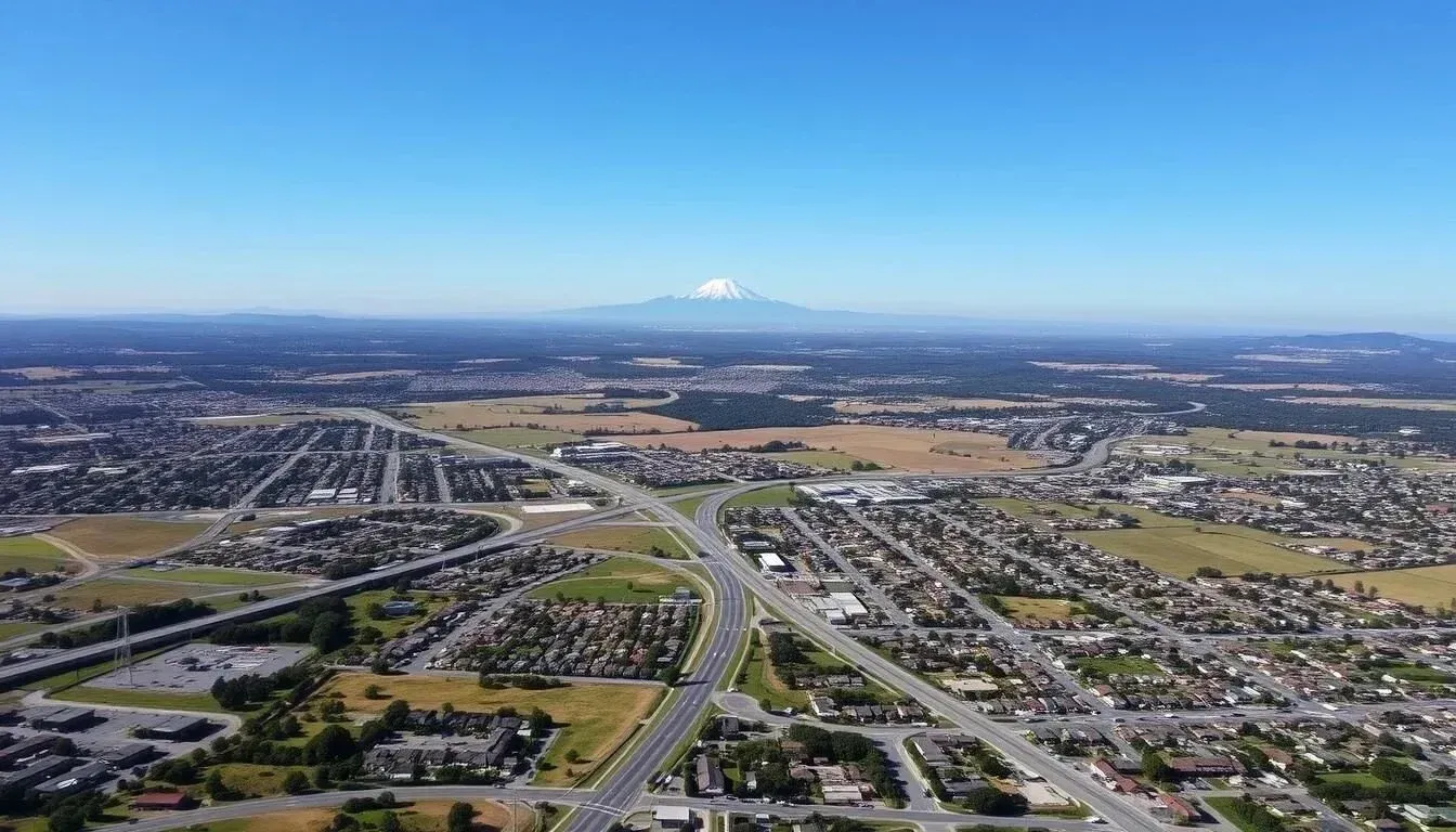 Aerial view of a city with a highway and snow-capped mountain in the distance under a clear blue sky.