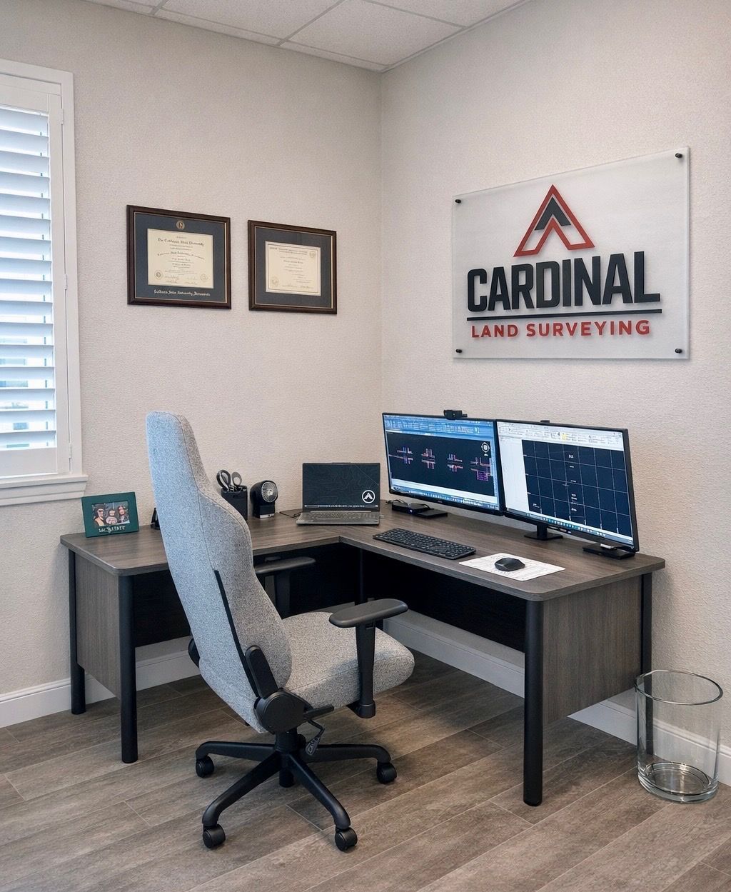 White truck bed with hard hat, surveying equipment, and vehicles.