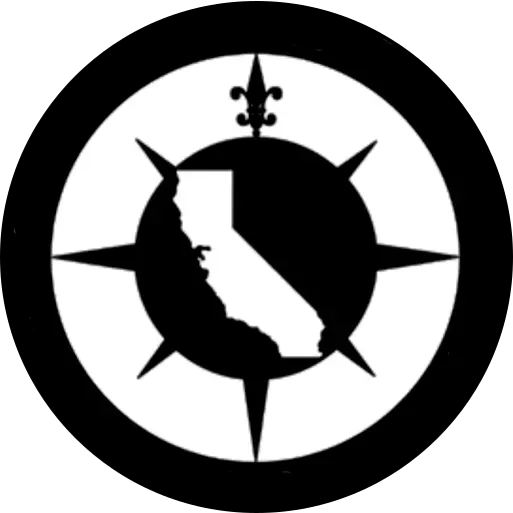 Black and white emblem of California inside a compass, topped with a fleur-de-lis and surrounded by a circular border.