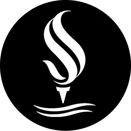 White torch icon with stylized flame on black circular background.