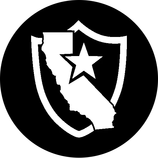 White outline of California map with star inside a shield on a black circle background.