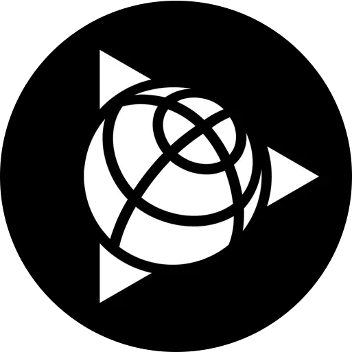 White globe within triangles, set against a black circle.