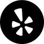 White starburst symbol within a black circle; Yelp logo.