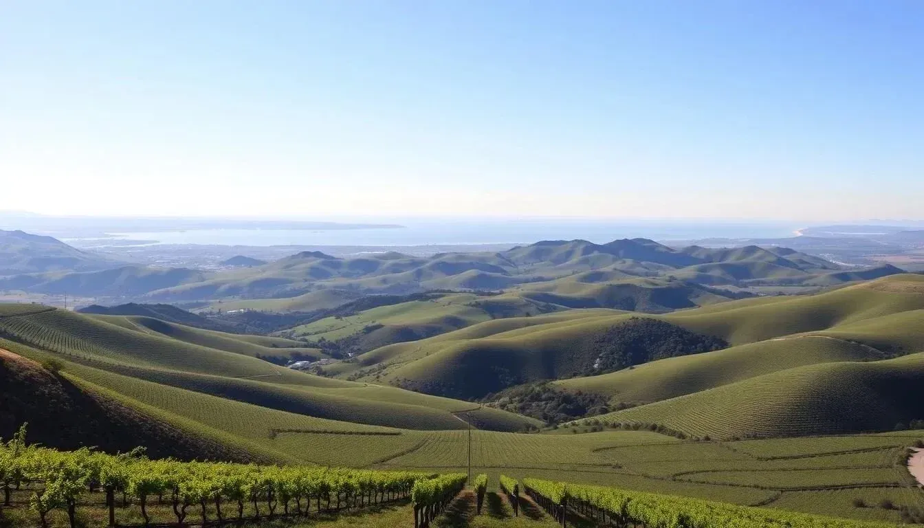 Rolling green hills of vineyards under a clear blue sky, with a distant body of water visible.